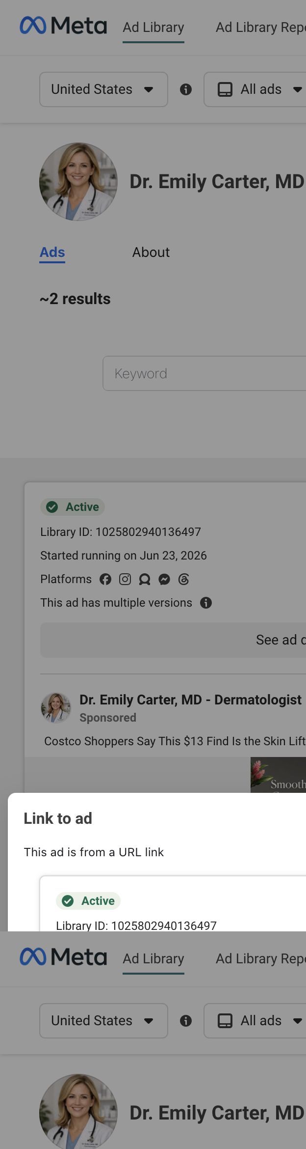 Meta Ad Library records for Dr Emily Carter dermatologist